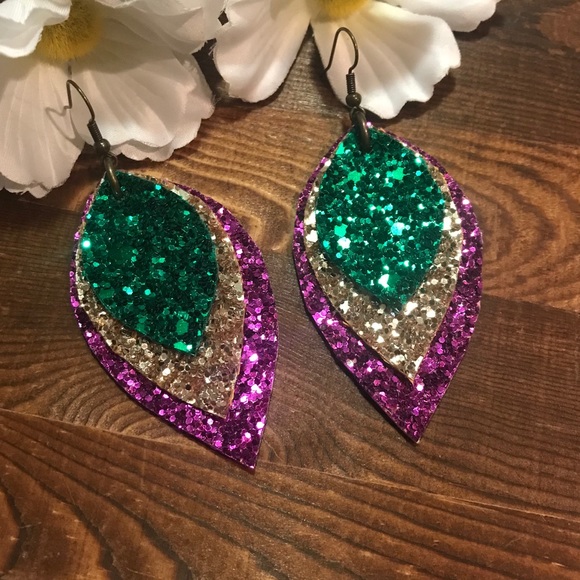 Faux Leather Earrings Mardi Gras Glitter 2.5” - Picture 1 of 6
